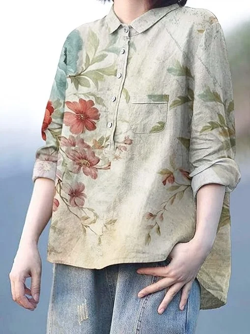 

Retro Print Cotton Linen Collar Women's irt Casual Boting Top Unique Exquisite Summer Autumn Faionable Blouse