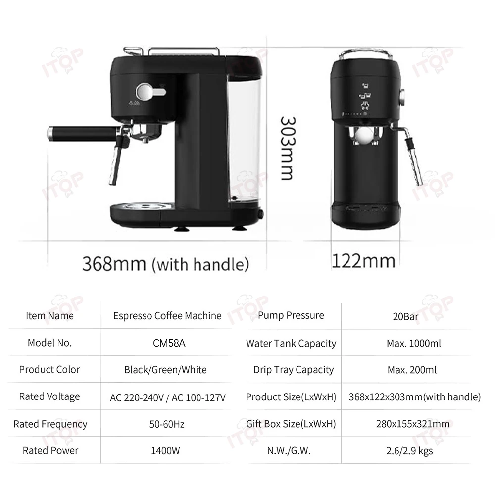 Household Coffee Machine 20 Bar Espresso Maker with Steam& Hot Water Wand 1L Water Tank 3 Filters for 1/2 Cups& E.S.E Pod 220V