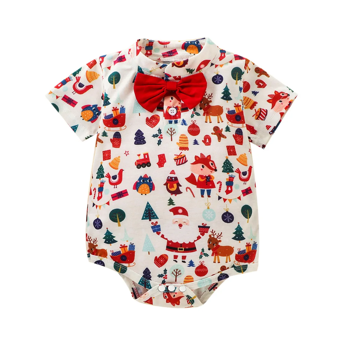 

Kawaii Christmas Baby Clothing Short Sleeve Cartoon Bodysuit Cotton Polo Bow Tie Open Button Romper Newborn Crawling suit