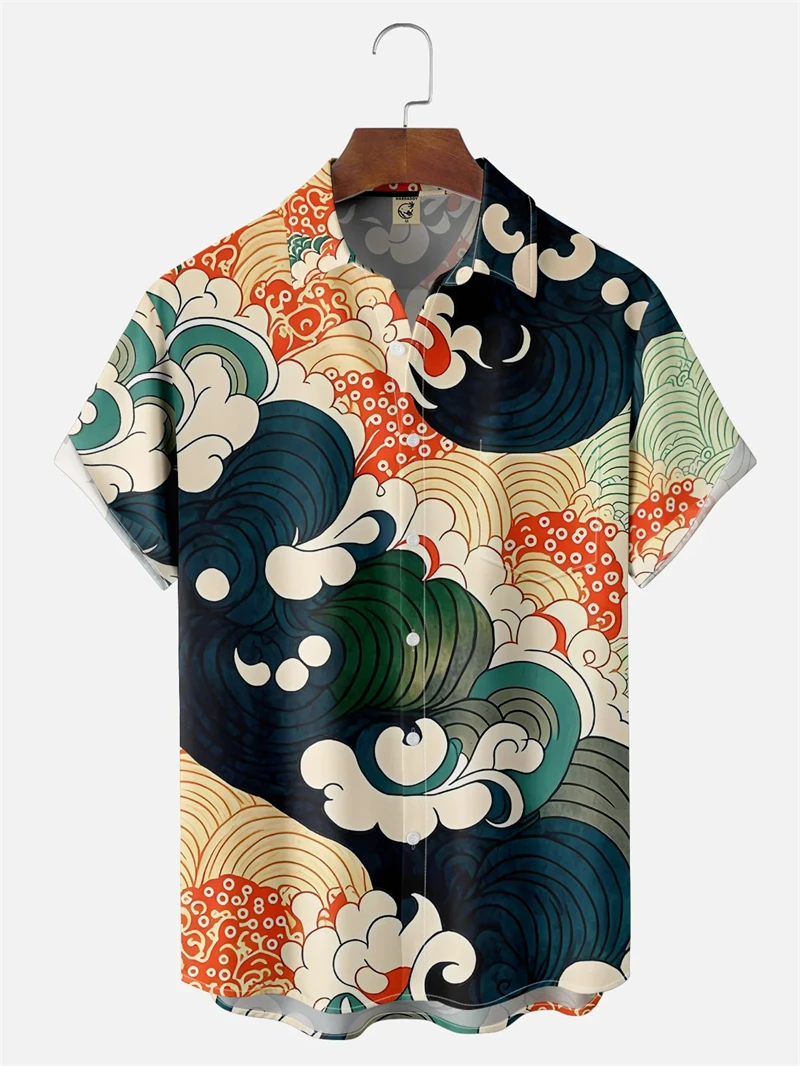 Japanese Style Ukiyoe Wave Print Men Women Short Sleeve Button Shirts Summer Fashion Clothes Tops Hawaiian Unisex Blouse 2025