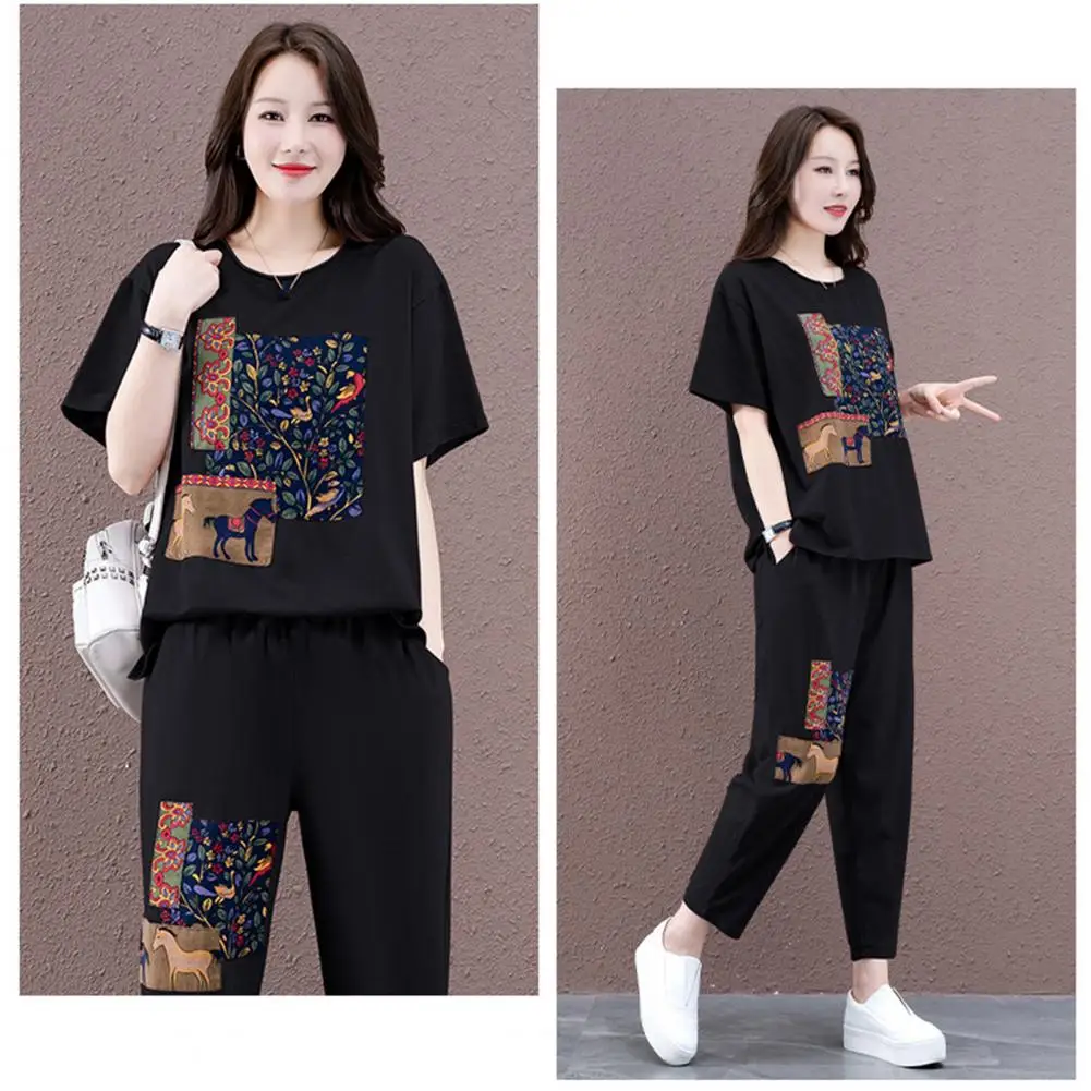 2Pcs/Set Sport Outfit Popular Stretchy Loose Outfit Mid-aged Mother Casual Printing Loose Tracksuit Daily Garment