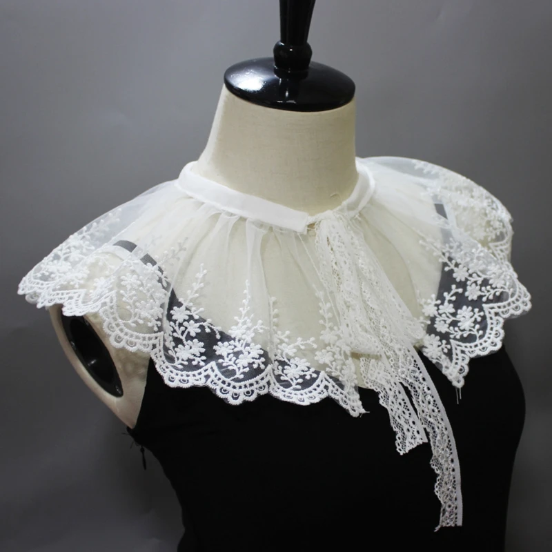 

Women Girls Pleated Mesh Tulle Fake Collar Shawl Necklace Sweet Embroidery Floral Lace Wavy Trim Half Shirt Dickey Lace-Up Mini