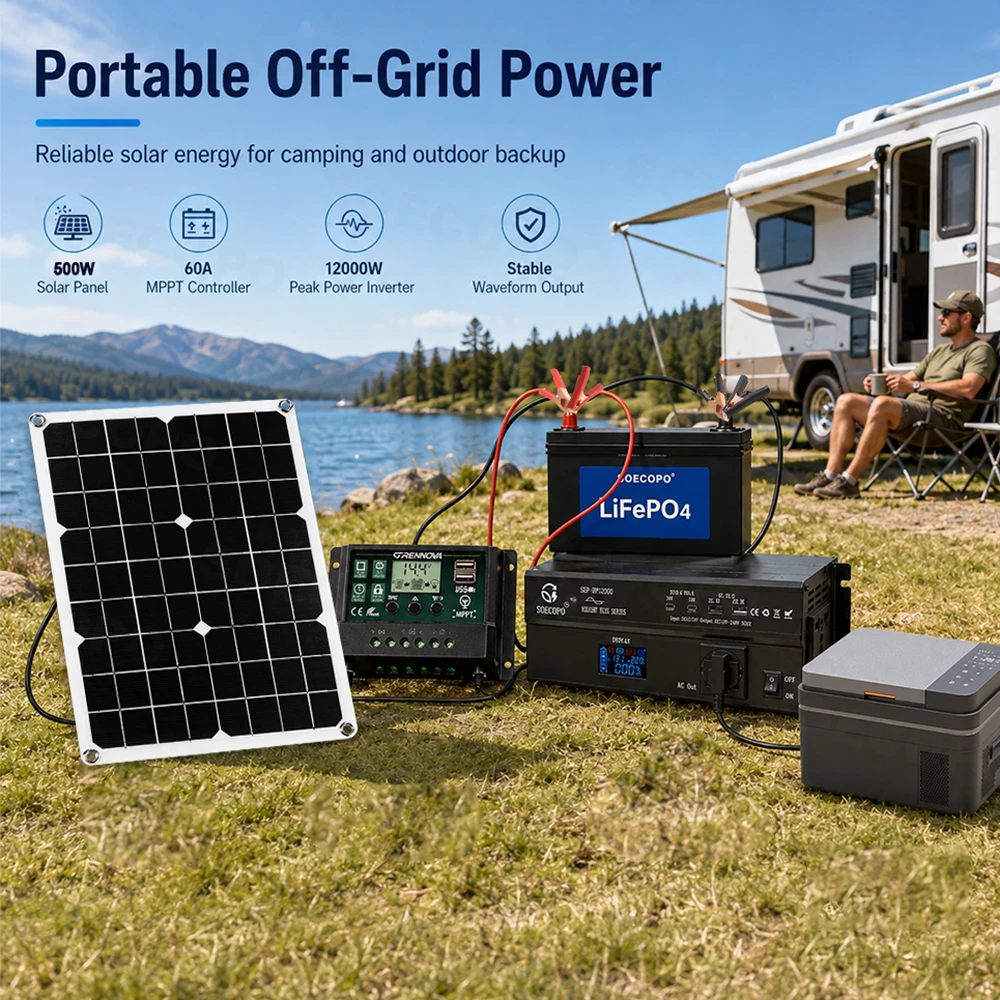 DC12V/24V AC110V/220V Intelligent 12000W Inverter + 500W Solar Panel + 60A MPPT Controller Solar System Kit For Emergency Use RV