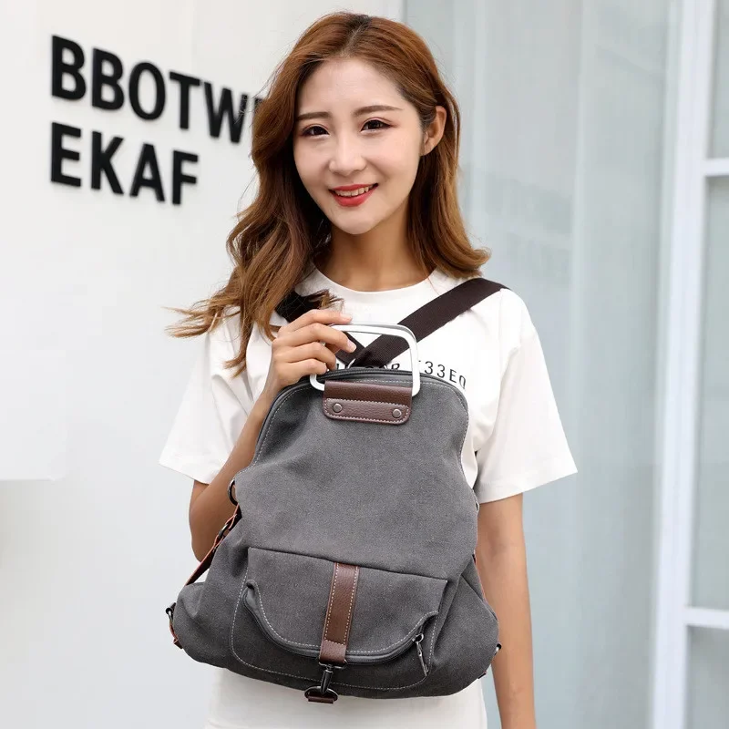 Fashion Canvas Backpack Women Travel Bag Retro Style Multi-Function Canvas School Bag Casual Daily Backpack Large