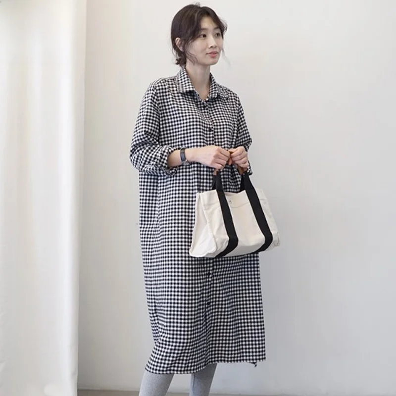 Camisa a Cuadros para Mujer, Estilo Retro, Manga Larga, Corte Recto, Estilo Coreano Japonés, Básica de Otoño, Algodón