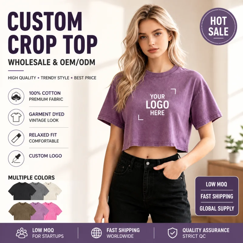 Custom washed T-shirt free print logo oversized crop top women short-sleeved street casual embroidery Tee 100% cotton wholesale