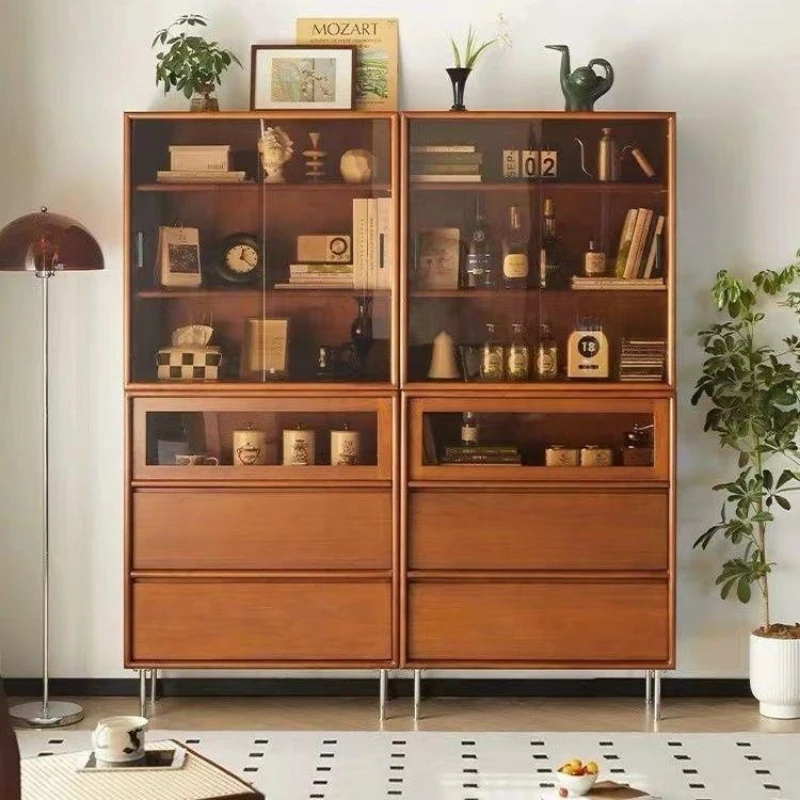 Retro style dining side cabinet combination bookcase Nordic glass cabinet Solid wood floor-to-ceiling
