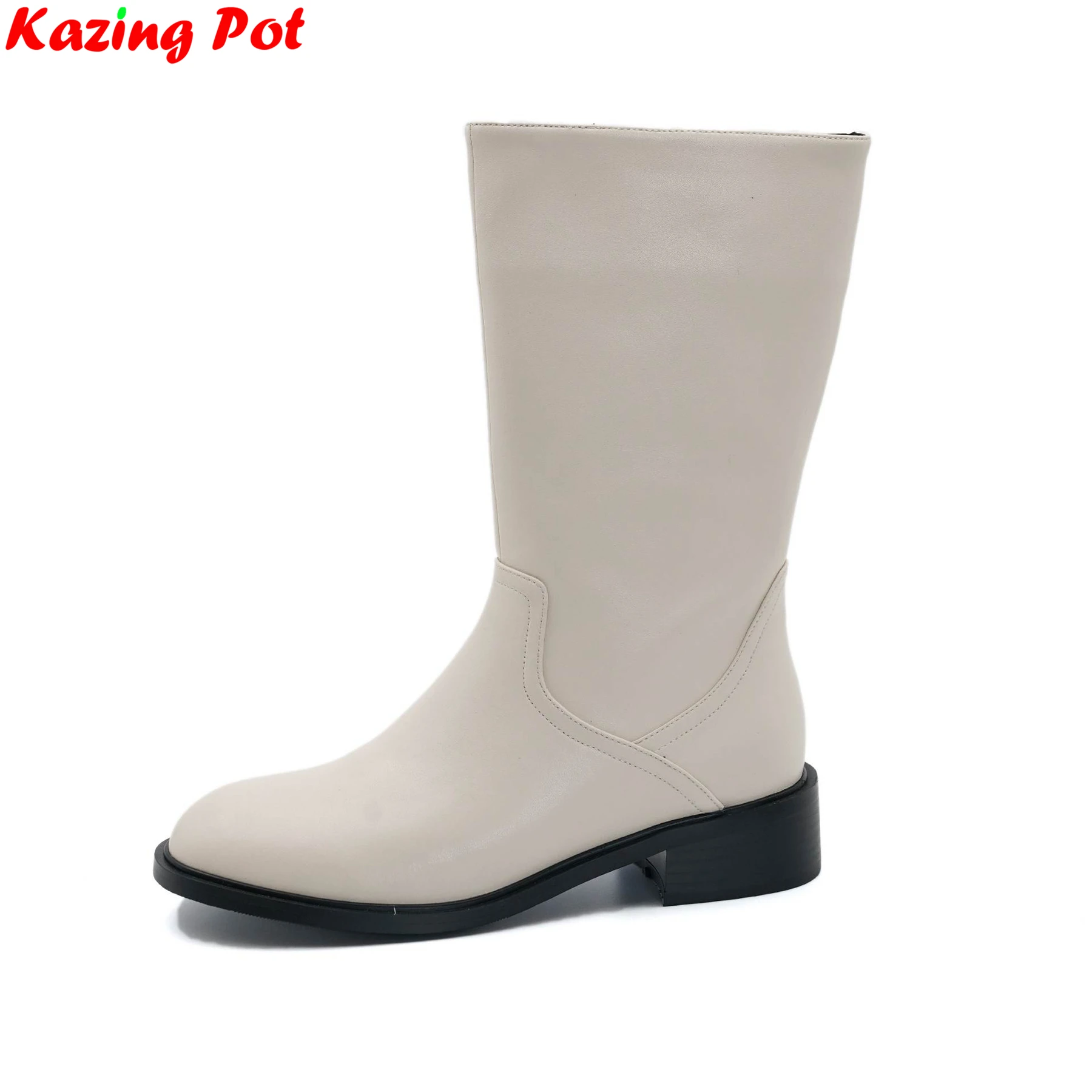 

Krazing Pot 2026 Cow Skin Chunky Med Heels Modern Motorcycles Boots Casual Winter Autumn Concise Brand Ins Women Mid-calf Boots
