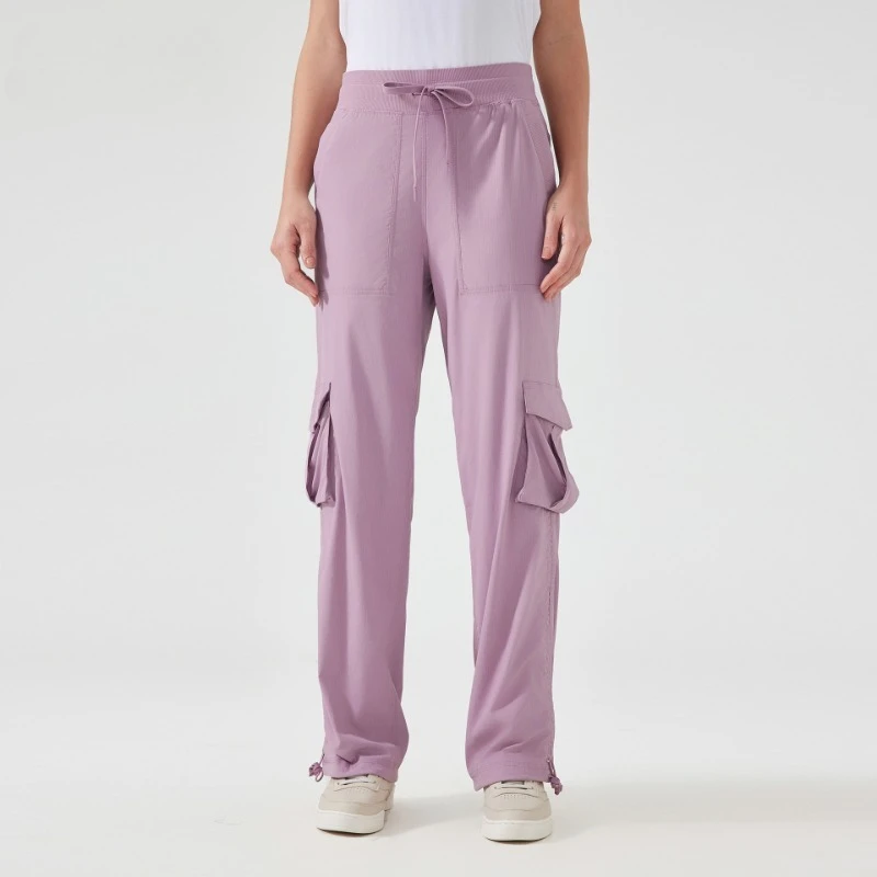 Women's 2025 Activewear Cargo Pants material texture close-up showing moisture-wicking fabric structure and stretch recovery