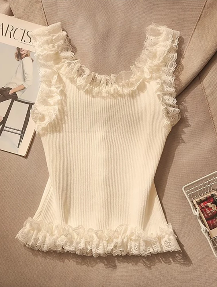 Korean Lace Patchwork Crop Top Women U-Neck Knitted Stretch Tank Top 2025 Summer Female White Lace Stretch Cami image 3