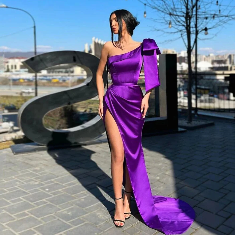 

Evening Dress Modern Purple Satin Bow Side Fork Pleat Valentine's Day Straight One-shoulder Formal Dress Women Elegant