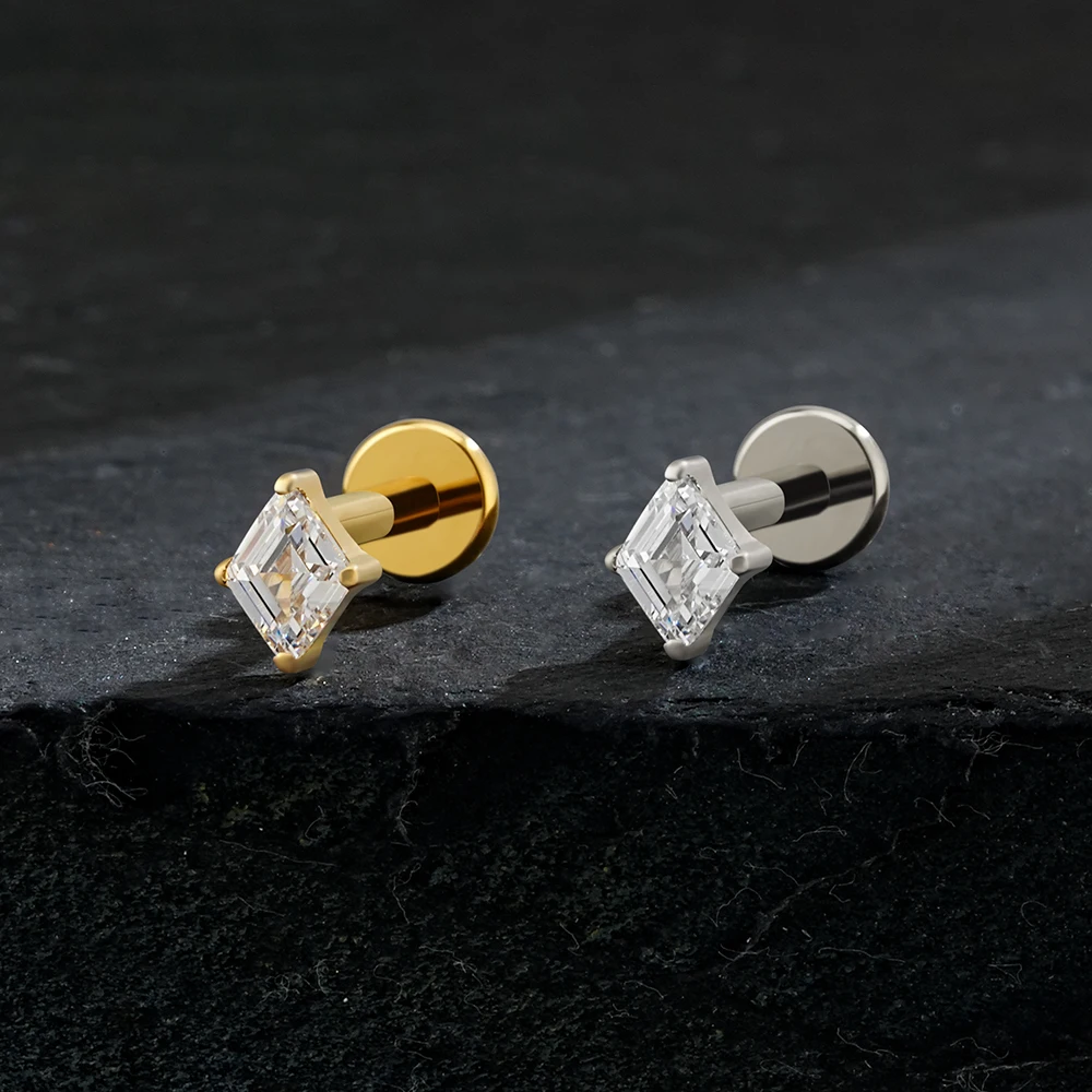 Right Grand ASTM F136 Titanium Rhombus CZ Internally Threaded Labret Stud 16G Flat Back Earring Cartilage Tragus Helix Nose Stud Medusa Piercing Jewelry