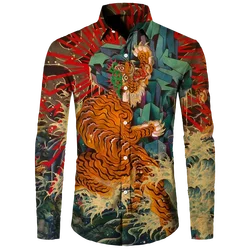 Vintage 3D Printed Tiger Men's Turn-down Collar Button Shirt  Long Sleeve Tops Hawaii Party Streetwear Button Shirt Lapel Blouse