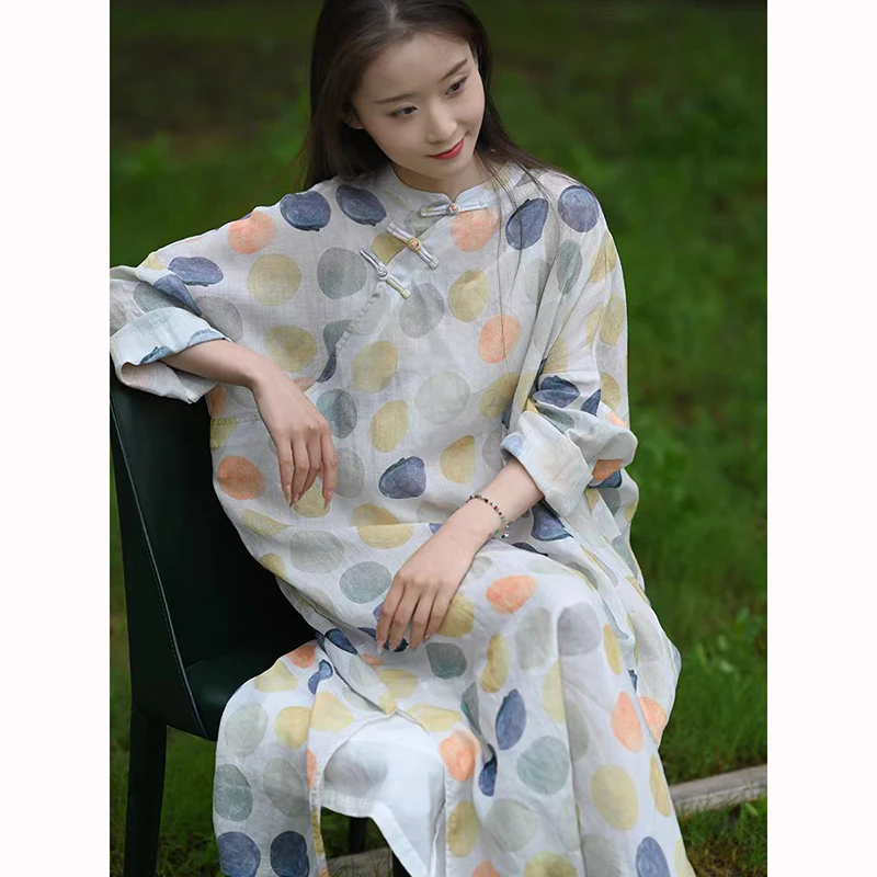 

Spring Summer New Arts Style Women Batwing Sleeve Loose Dresses Improved Qipao Dot Print Ramie Long Dress Good Quality JM10
