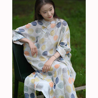 Spring Summer New Arts Style Women Batwing Sleeve Loose Dresses Improved Qipao Dot Print Ramie Long Dress Good Quality JM10