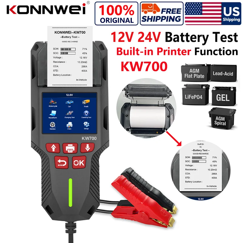 2026 KONNWEI KW700 Probador de Baterías para Coche y Camión 12V/24V con Función de Impresión, Analizador de Baterías, Prueba de Arranque, Prueba de Carga 10-2000CCA