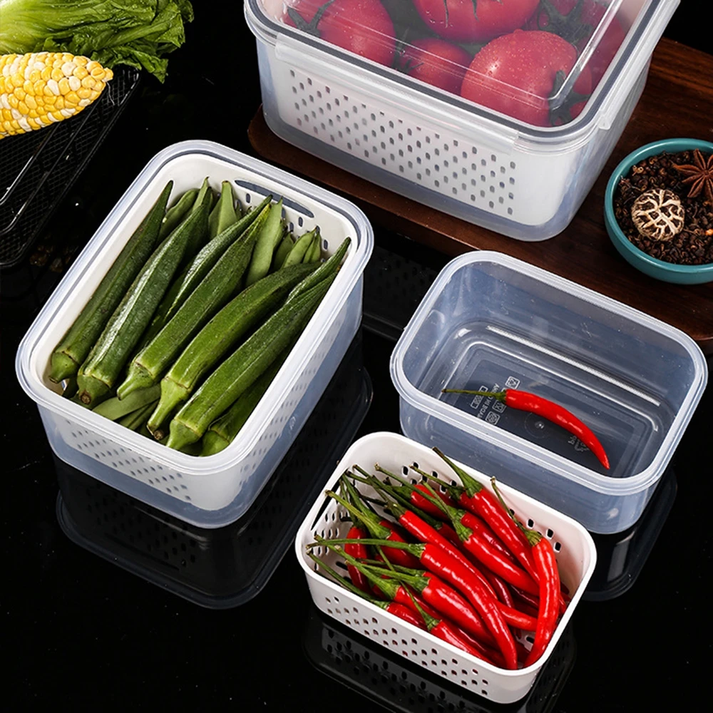 850/1750/3300ml 3 in 1 Double Drain Basket Multifunctional Kitchen Food Container With Lid Vegetable Fruit Washing Container Box