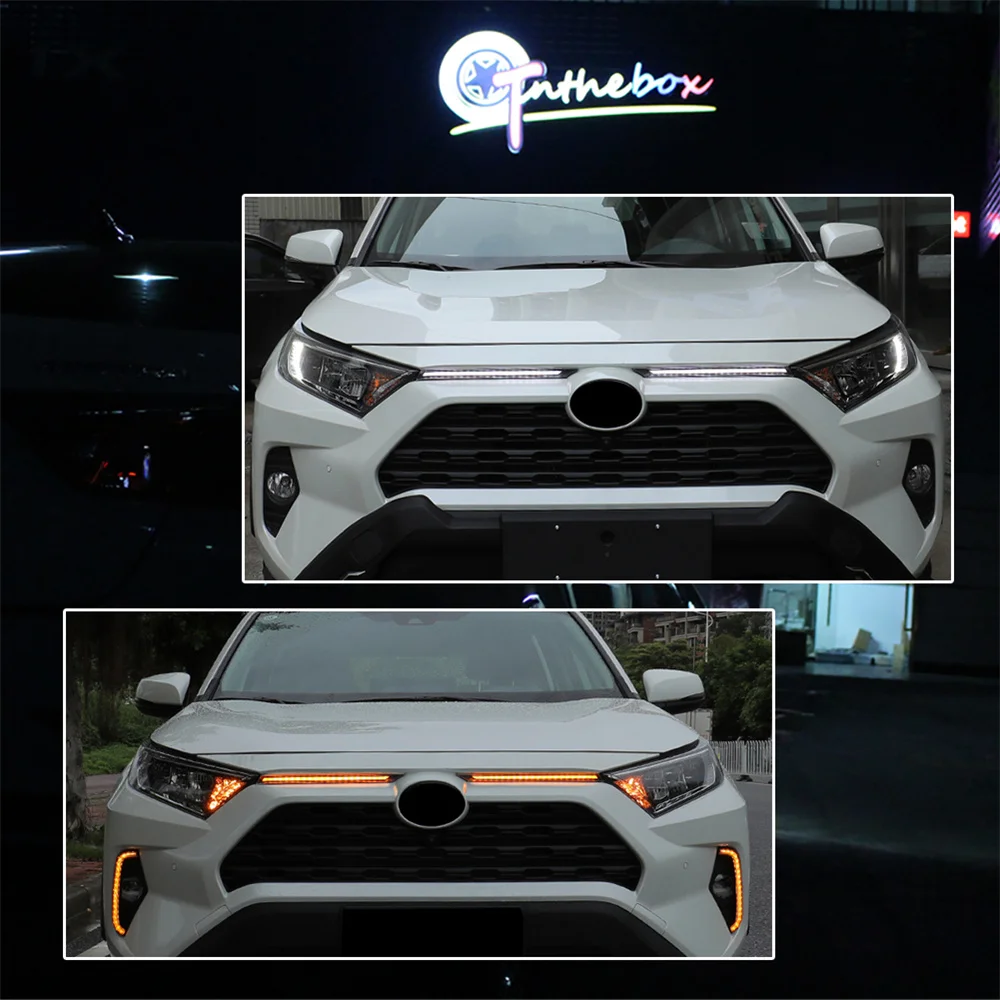 White LED Front Engine Bay Hood DRL Daytime Running Lights & Sequential Amber Turn Signal Lights For Toyota RAV4 2019 2020 2021