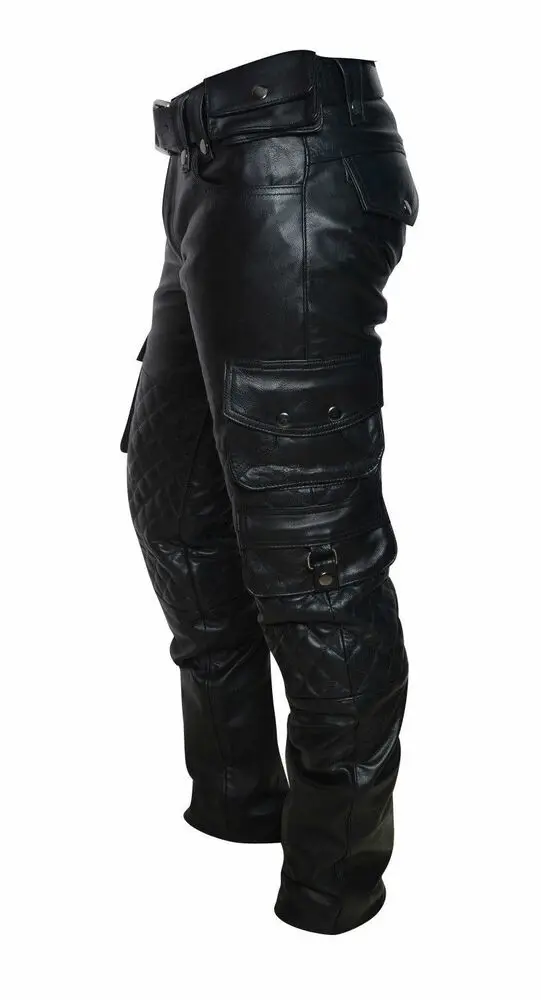 

Men Pant Real Leather Biker Pants With Quilted Panels And Cargo Pockets Pant