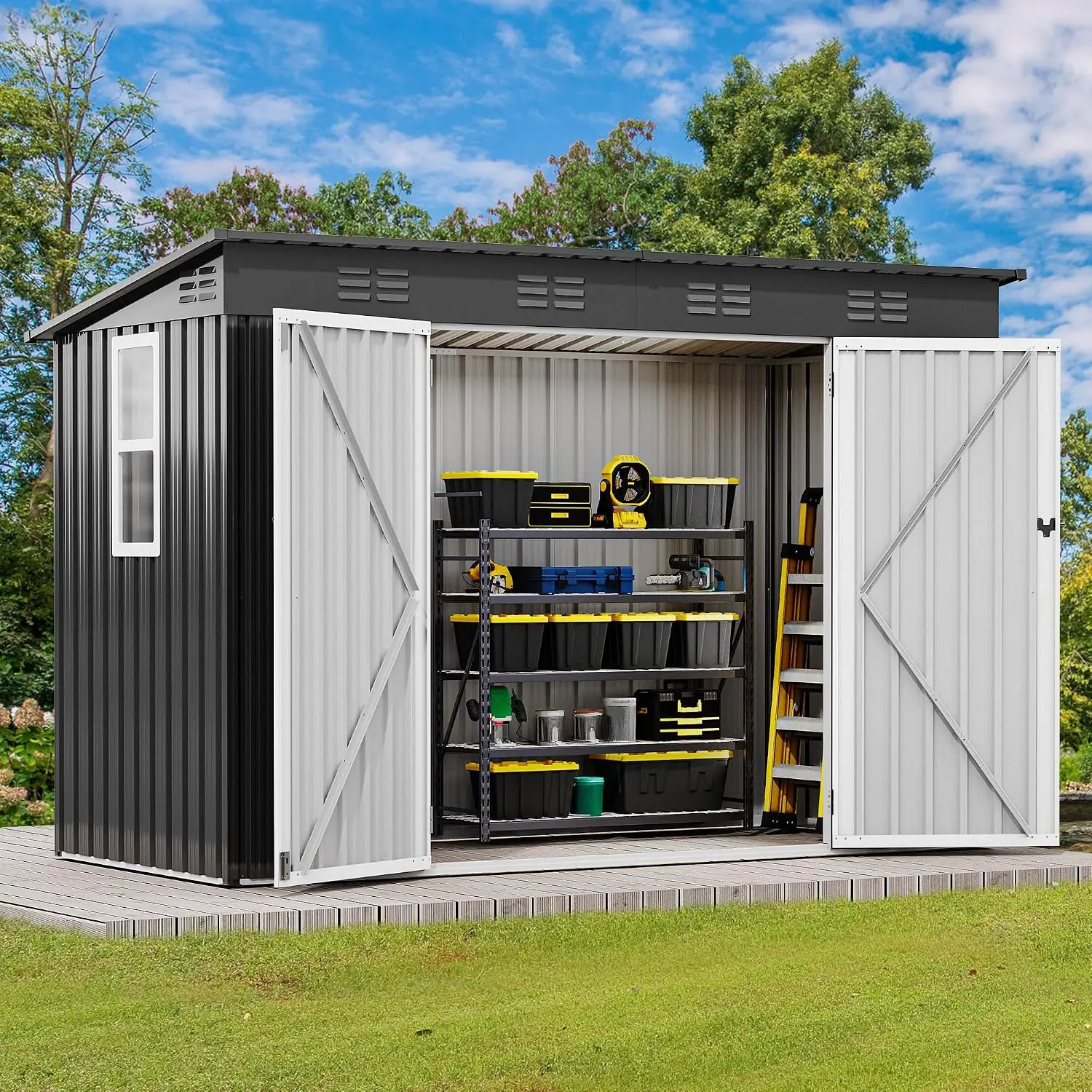 9' x 4' Outdoor Storage Shed with Windows, Lockable Double Doors, Sloped Roof, Heavy-Duty Steel Shed for Garden &, Custom - view 2
