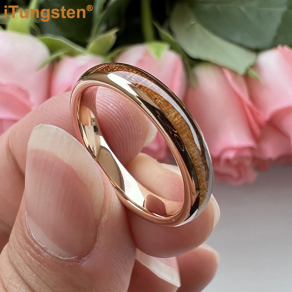 iTungsten 4mm Men Women Koa Wood Ring Nice Tungsten Wedding Band Domed Polished Trendy Jewelry Comfort Fit