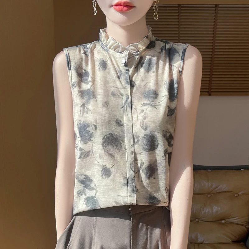 New Fashion Women's Vest Ruffled Collar Sleeveless Blouse Loose Elegant High-Grade Temperament Shirt Vest Ladies Summer Top-M13