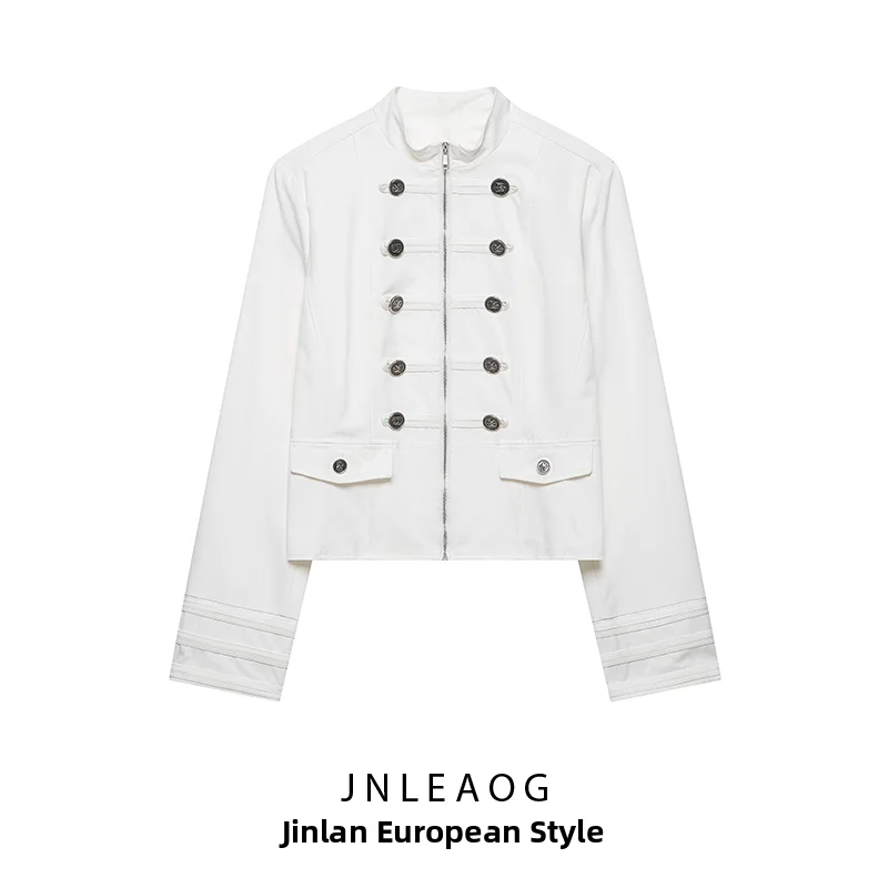 JNLEAOG Summer New Fashionable Stand Collar Button up Women's Suit Jacket Versatile Polyester Long Sleeve Standard Fit Outerwear