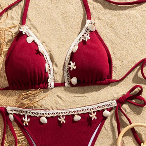 Imagen 2 del producto Bikinis sexys de color rojo vino, trajes de baño para mujer, traje de baño Push Up, trajes de baño, conjunto de Bikini brasileño, bañista para piscina y playa