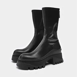 Women's Fashion Thick Heel Cotton Boots Winter New Round Head Back Zipper Thick Sole Anti-slip Wear-resistant Mid-calf Boots
