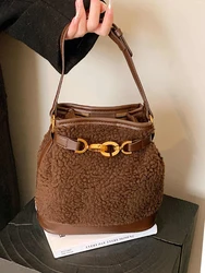 Autumn Winter Lamb Wool Bucket Bag Women Vintage Hasp Design Commuter Crossbody Bag Fashion Lady Handbags