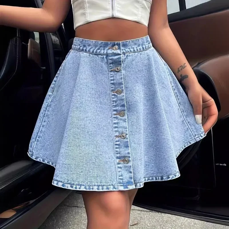 

Vintage High Waist Women'S Denim Short A-Line Skirts Spring Summer Cowboy Jeans Umbrella Skirts Single Breasted Buttons Female