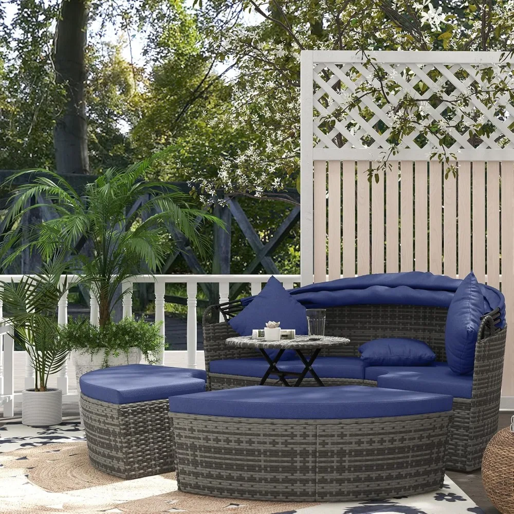 

4 Piece Round Rattan Daybed, Convertible Patio Furniture Set, Adjustable Sun Canopy, Sectional Outdoor Sofa, 2 Chairs, Extendin