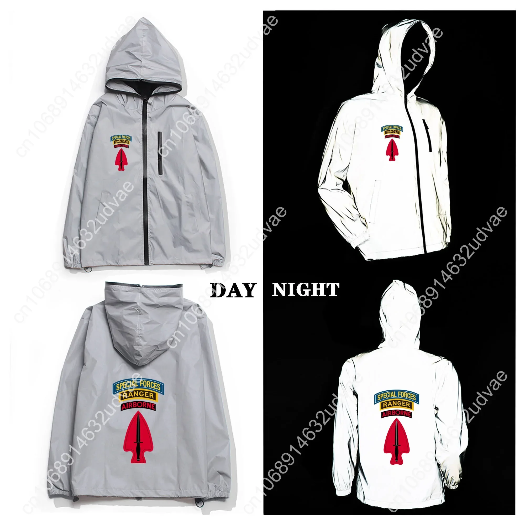 USASOC Reflective Jacket Mens Womens Coat Hooded Windbreaker Runing Pocket Jackets Cycling Hiking Zipper Customized Hoodie