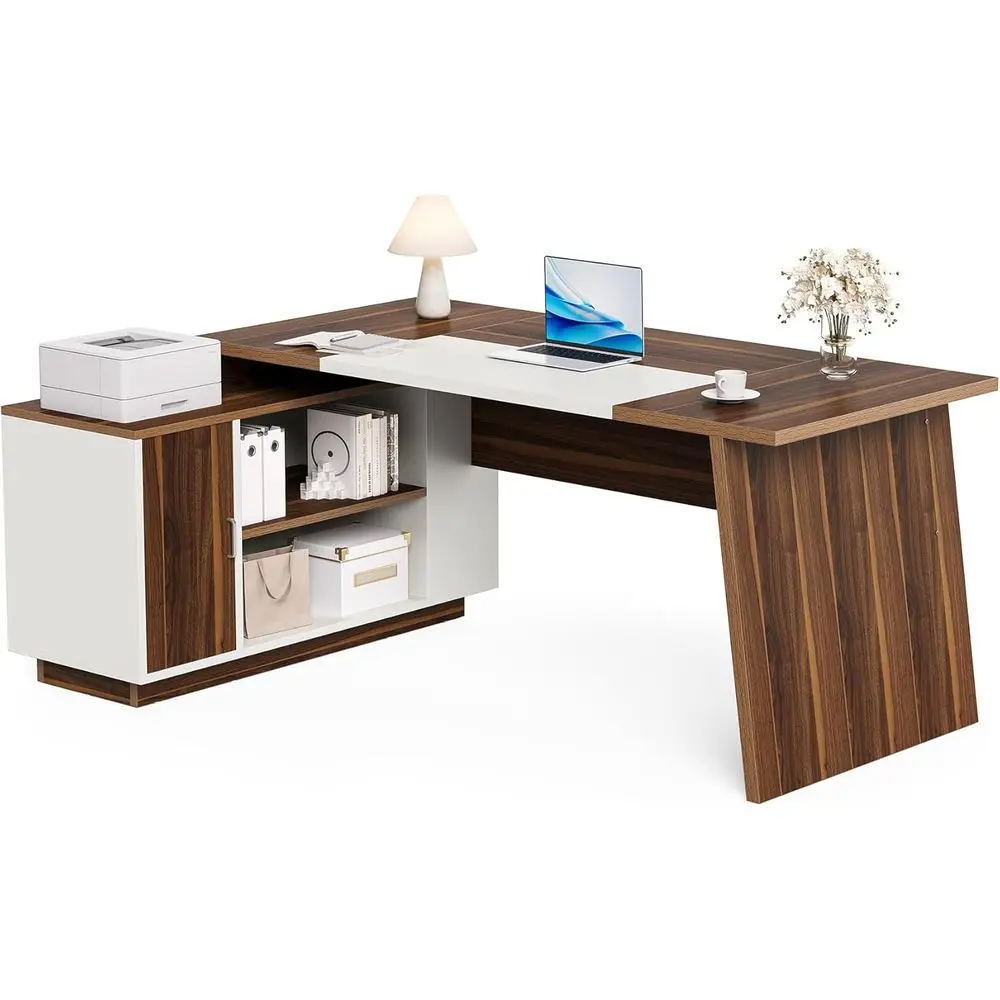 

70,5-дюймовый представительский стол, большой домашний офисный стол с тумбой для хранения и открытыми полками, L-образный компьютерный стол, рабочая станция или офисный стол