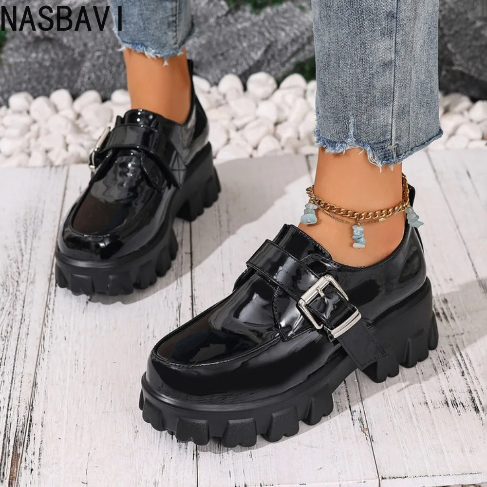 

Platform Women's High Heels Pumps Loafer Shoes Big Size 45 46 47 Buckle Black Square Heeled Punk Office Shoes Ladies 2026 Spring