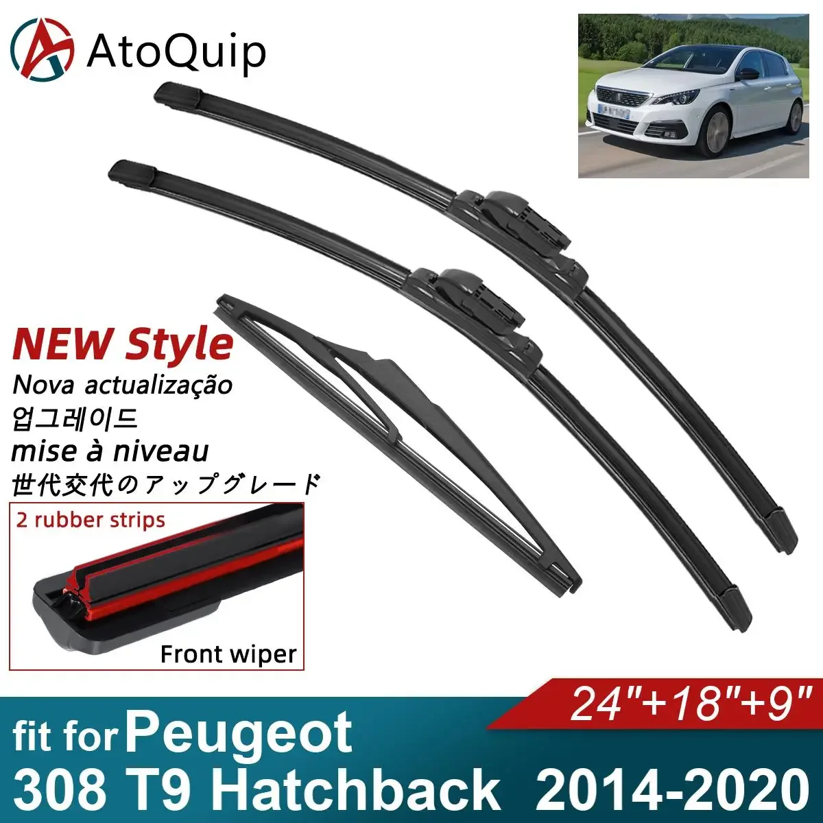 Double Rubber Car Wiper Blades for 2014-2020 Peugeot 308 T9 Hatchback Front Rear Windscreen Wipers Accessories 2018 2019 2020