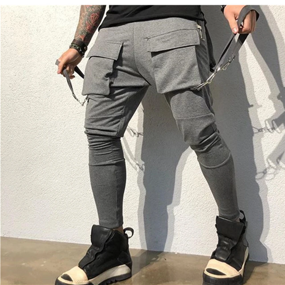 Calça moletom masculina de algodão, corredores de hip hop, streetwear, casual, calça esportiva fina, treinamento, treino, fitness, bolsos grandes