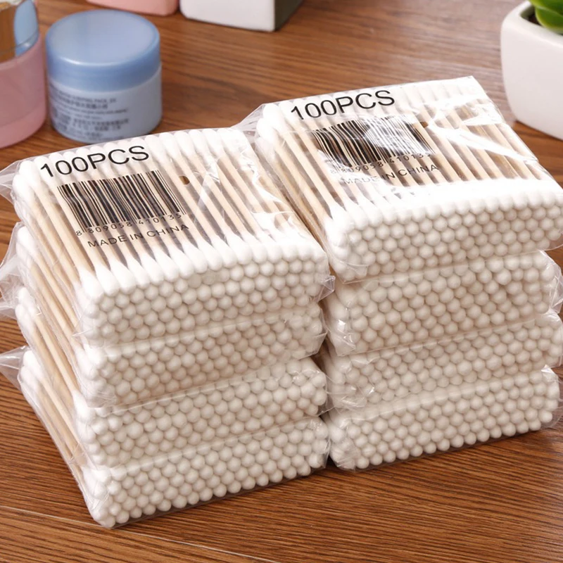 100/500 قطعة أعواد قطنية خشبية برأسين مسحات قطنية للاستعمال مرة واحدة مستديرة الأنف الشفاه الحواجب آذان تنظيف أدوات ماكياج