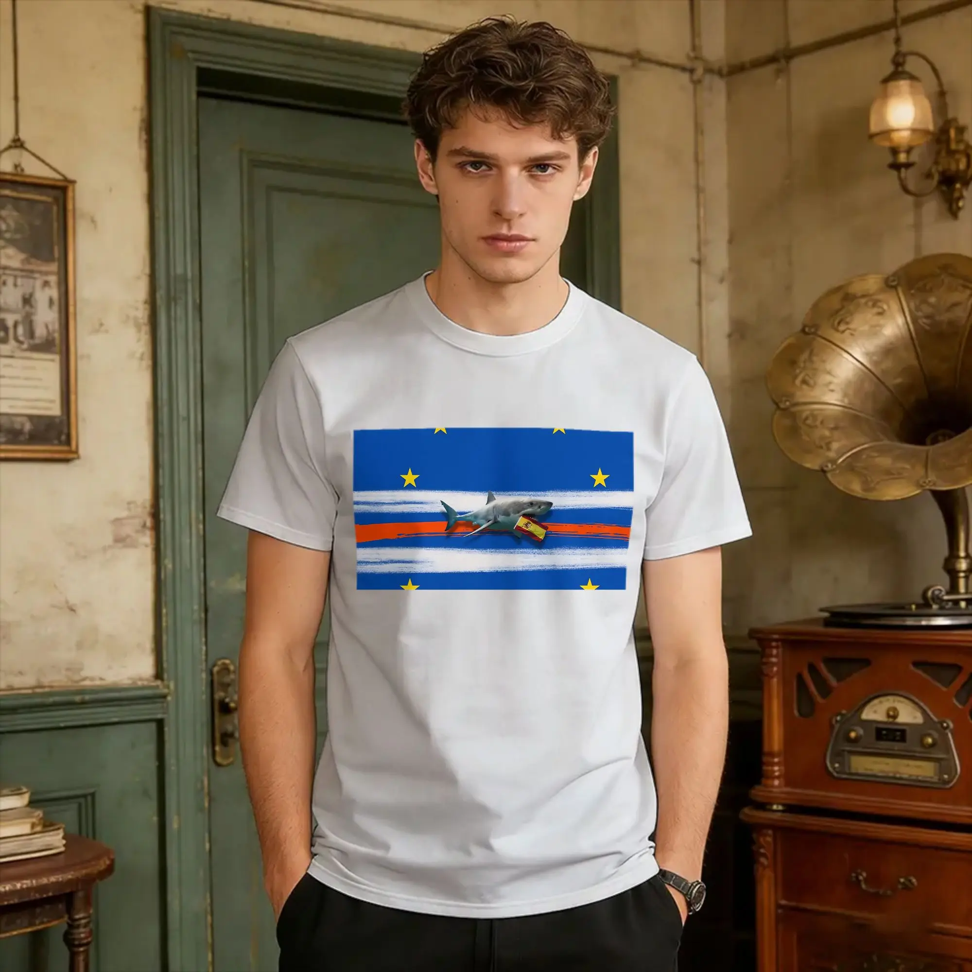 Men's Tubaron Azul Flag  T-Shirts Cabo Verde 100% Cotton Tops Summer Streetwear Short Sleeve T Shirt O-Neck Pattern Tee Shirt