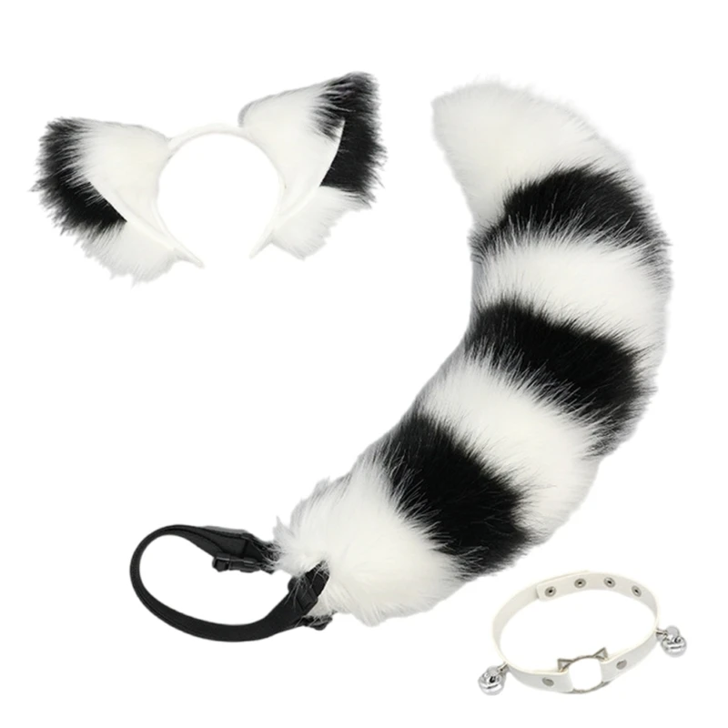 Cats Ears Hairband Plush Foxes Tail Choker Collar for Christmas Carnival Tail Halloween Cosplay Accessories