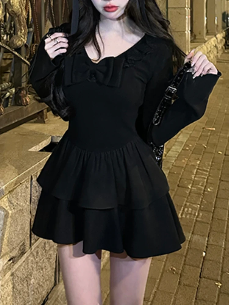 Winter Sexy Elegant Desinger Black Dress Women Long Sleeve Y2K Party Mini Dress Female Casual Style One Piece Dress Korean 2023