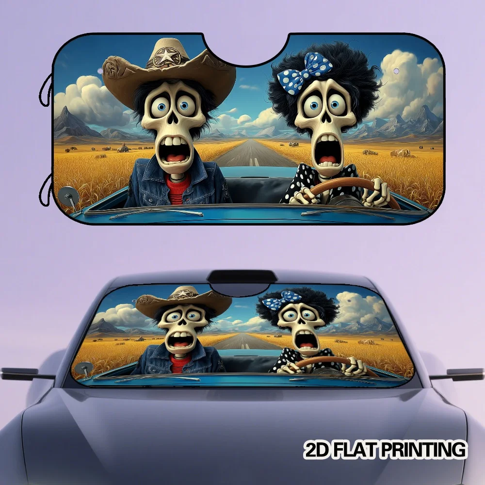 2D Flat Printing, 1pc Halloween Skeletons Road Trip Design Car Windshield Sunshade, High Quality, Keeps Your Vehicle