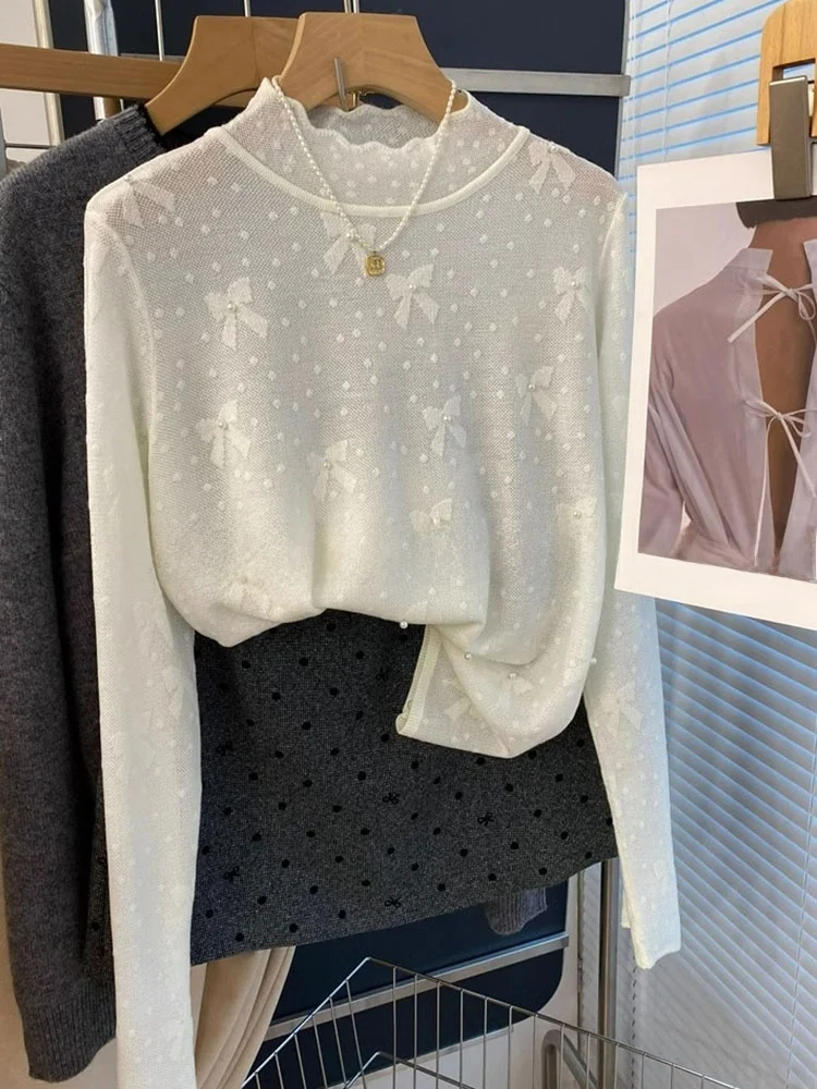 Stylish Knitted Bow Turtleneck Sweater Beautiful Base Layer Top Commute Style Pure Color Korean Loose Fit Long Sleeve