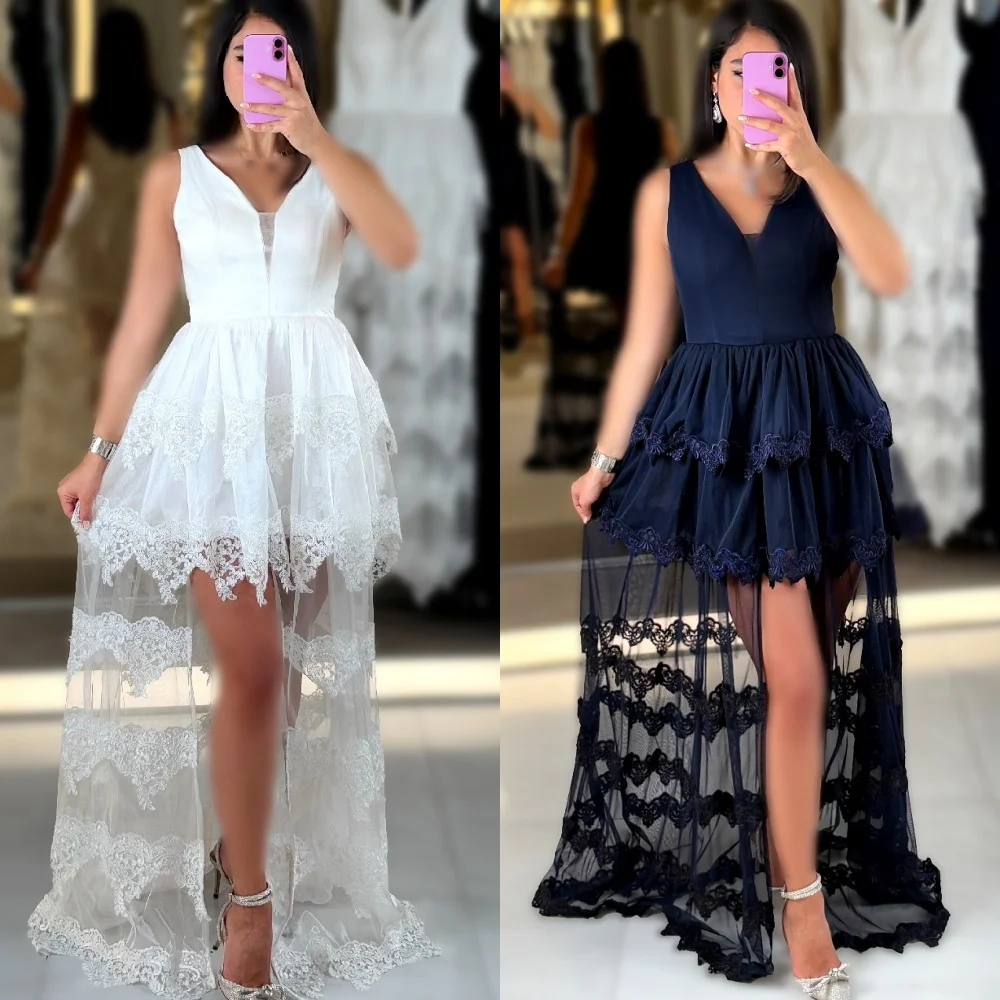 

Customized Modern Style Classic Tulle Applique Ruched A-line V-neck Long Dresses Bespoke Occasion Dresses Sizes Available Sexy