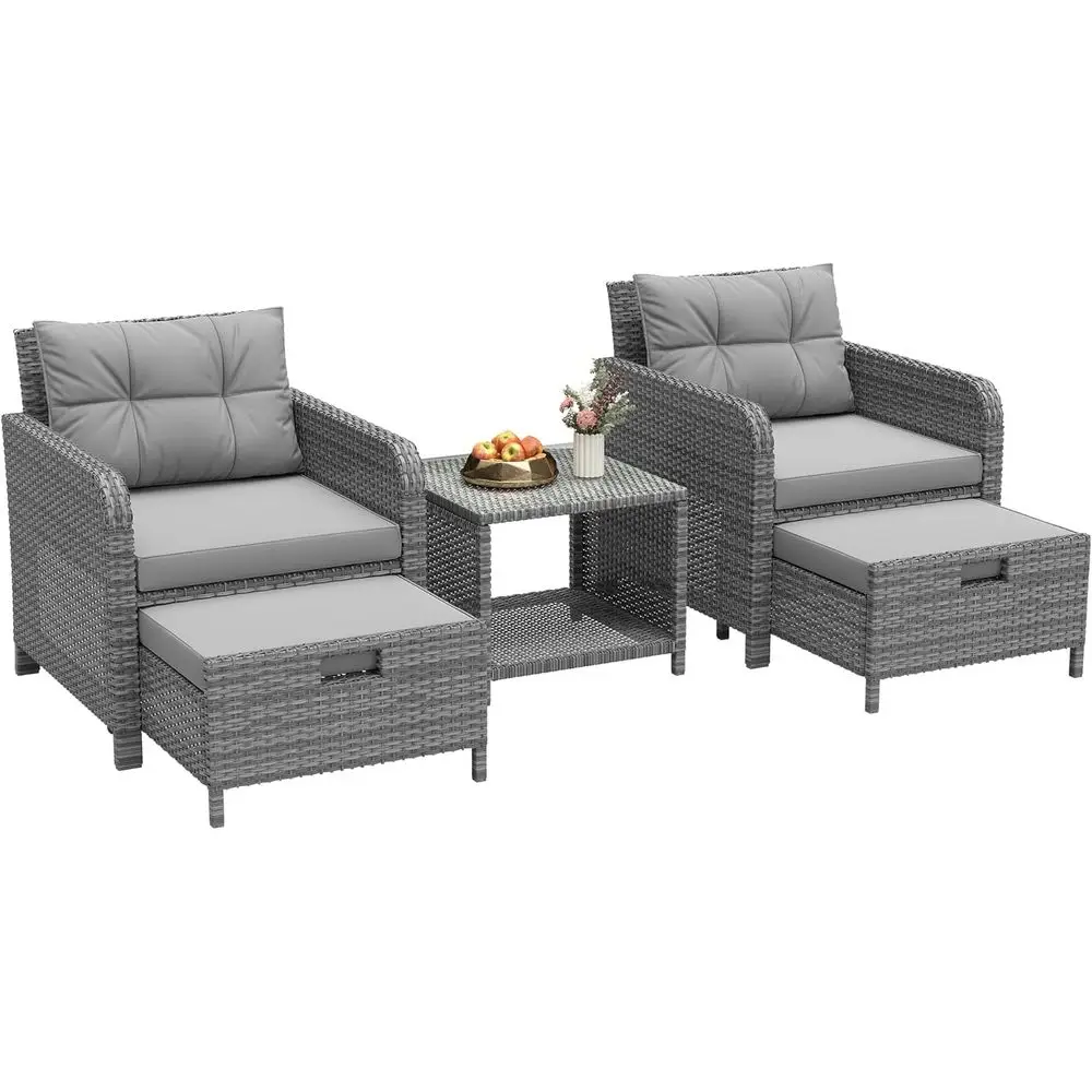 

5-Piece Outdoor Patio Furniture Set with PE Wicker Chairs, Ottomans, and Glass Table, Charcoal