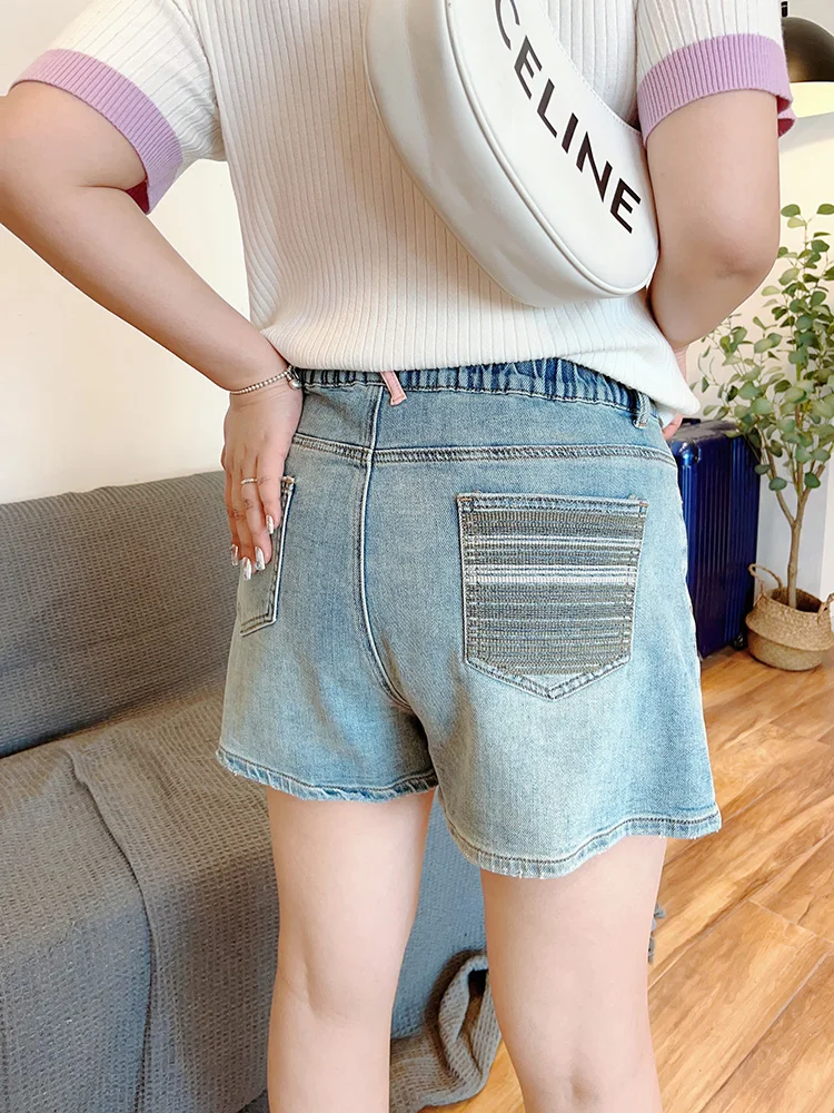 

Джинсовые шорты с высокой талией и широкими штанинами, винтажные, с цветочным декором, женские, больших размеров, летние, из хлопкового стрейч-денима, модные