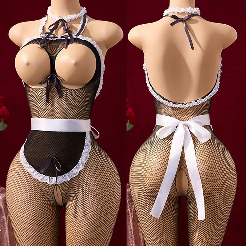  Crotchless ual Uniform Lingerie Sets Cosplay Porn Bodysuit Maid  Costume Expose Chest And Body Stockings With Apron