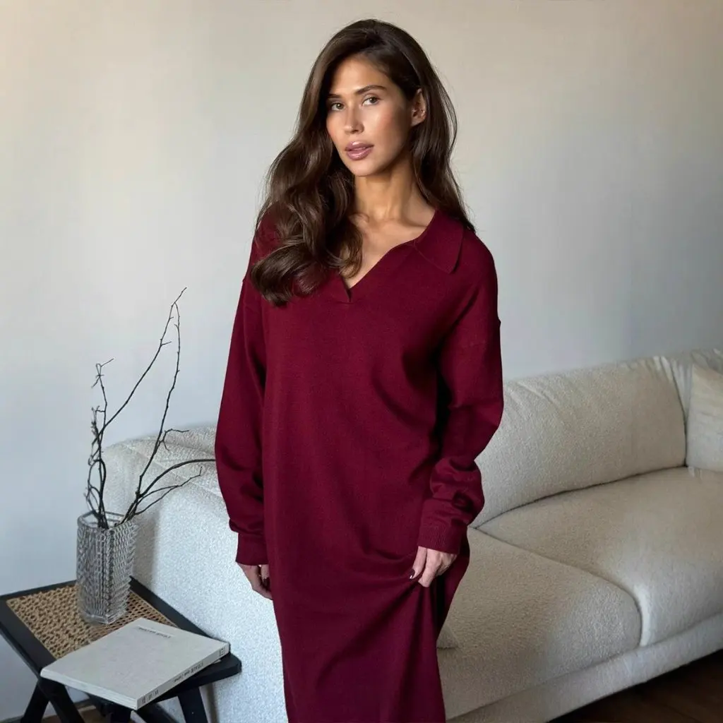 Vestido de punto de estilo perezoso Retro para mujer, cuello tipo Polo burdeos, corte holgado, adelgazante, moda de Otoño Invierno