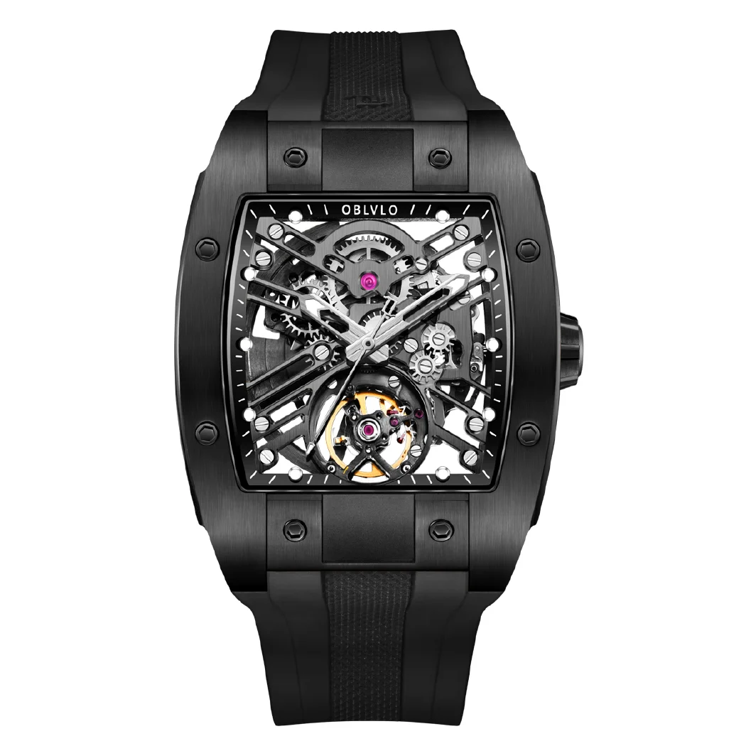 مستطيل الرجال التلقائي ساعة 44 مللي متر الفاخرة الميكانيكية ساعة اليد موضة مقاوم للماء Tonneau الجوف خارج الهاتفي الياقوت المطاط حزام