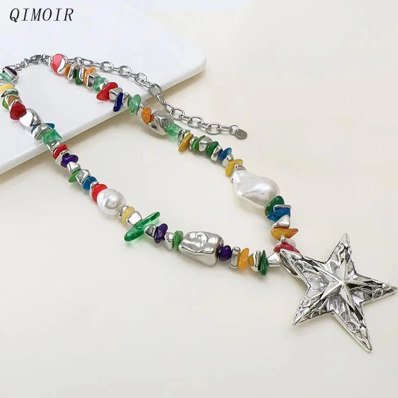 Multi Colors Large Metal Star Necklace For Women Fashion Jewelry Irregular Glass Acrylic Beads Party Holiday Accessories C1411